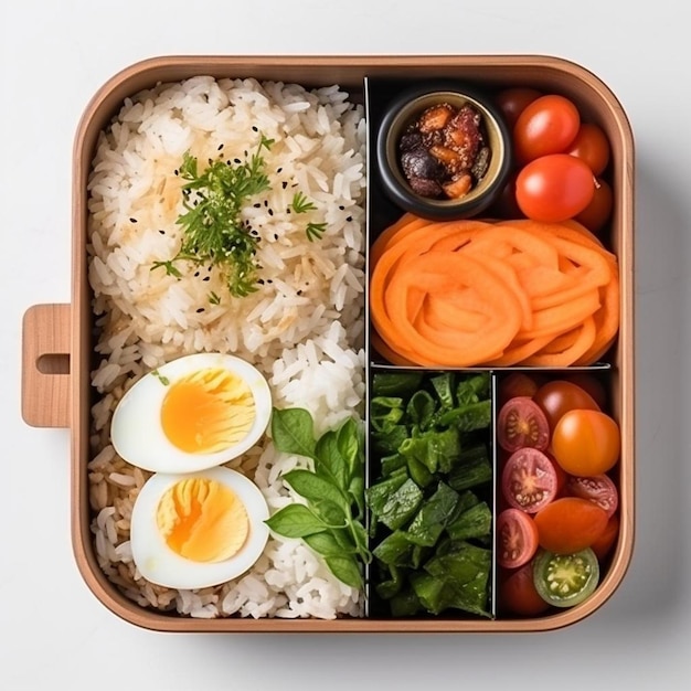 uma caixa de bento cheia de arroz e legumes