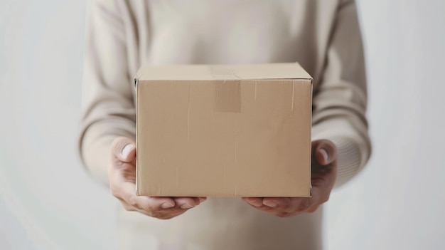 Foto uma caixa de cartão de pacotes em mãos de um entregador em um fundo branco conceito de serviço de entrega
