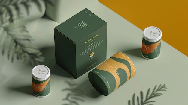 uma caixa de chá verde senta-se em uma mesa com várias latas de cores diferentes