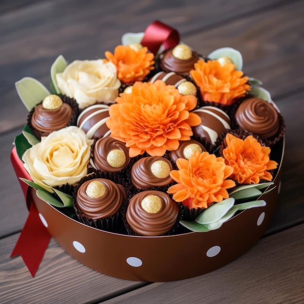 Foto uma caixa de chocolates com flores e um laço de bolinhas.