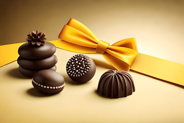 Uma caixa de chocolates com um laço amarelo ao lado