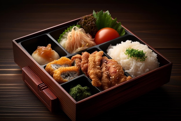Uma caixa de comida com uma variedade de alimentos, incluindo arroz, carne e legumes.