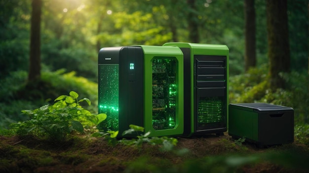 uma caixa de computador verde colocada em cima do chão de uma floresta ao lado de um pequeno computador