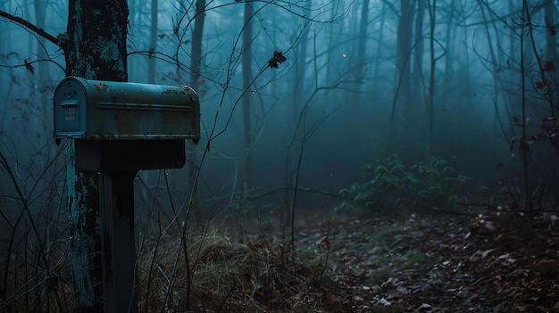 Foto uma caixa de correio solitária está em uma floresta escura e nebulosa a caixa de correo é velha e enferrujada e as árvores estão nuas e torcidas