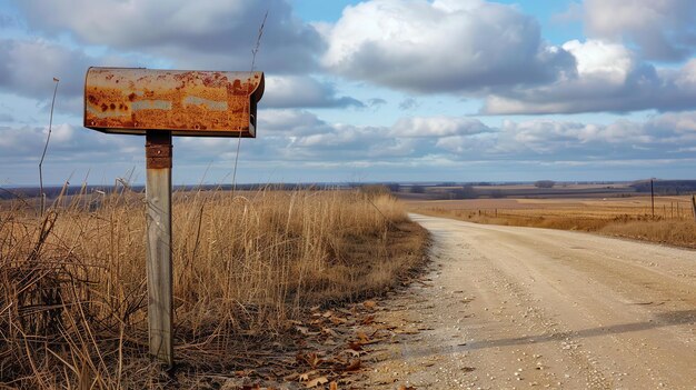 Uma caixa de correio solitária fica ao lado de uma estrada rural a caixa de correios é velha e enferrujada e a estrada é sem pavimento e com sulcos