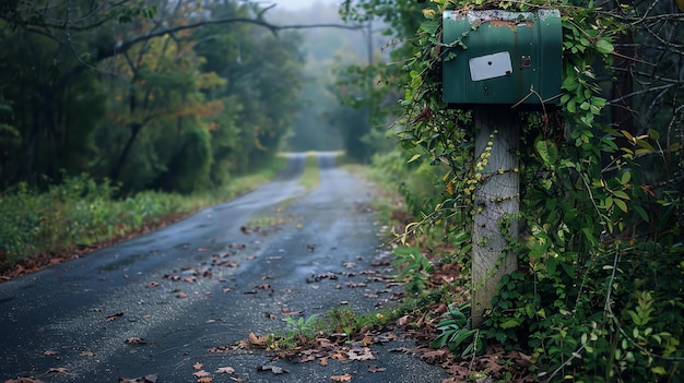 Uma caixa de correio solitária fica no fim de uma longa e sinuosa estrada a caixa de Correio é velha e enferrujada e a estrada está rachada e coberta de ervas daninhas