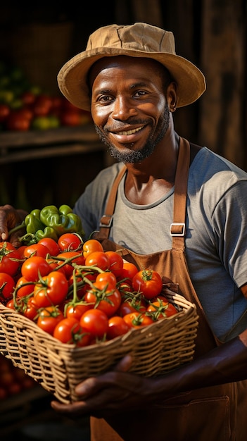 Uma caixa de deliciosos tomates cereja é carregada por um fazendeiro afro-americano