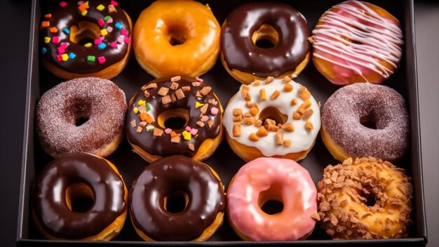 Uma caixa de donuts com sabores diferentes, incluindo chocolate, baunilha e chocolate.