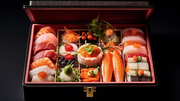Uma caixa de entrega de sushi embalada com rolos requintados