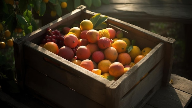 Uma caixa de frutas está cheia de laranjas e uvas.