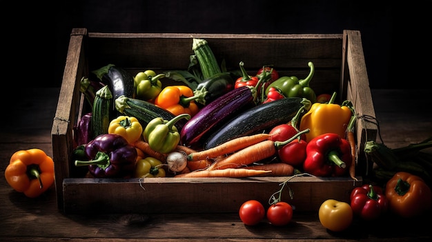 Uma caixa de legumes com uma garrafa de água ao lado