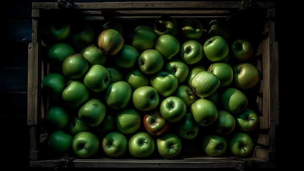 Uma caixa de maçãs verdes com a palavra maçã ao lado