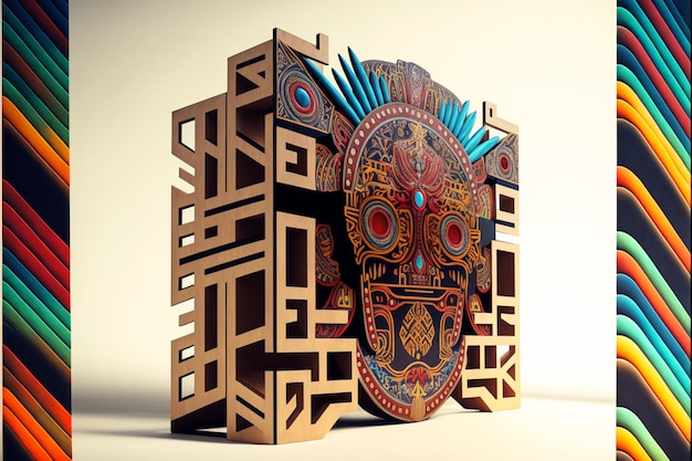 Uma caixa de madeira 3d com uma máscara de caveira.