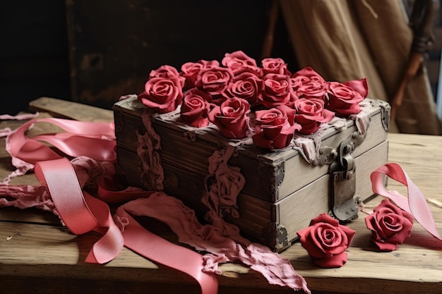 Uma caixa de madeira cheia de rosas vermelhas vibrantes sentada em cima de uma mesa Uma caixa de presente rústica de Dia dos Namorados com rosas de papel feitas à mão