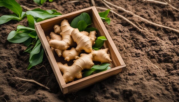 uma caixa de madeira com a palavra gengibre