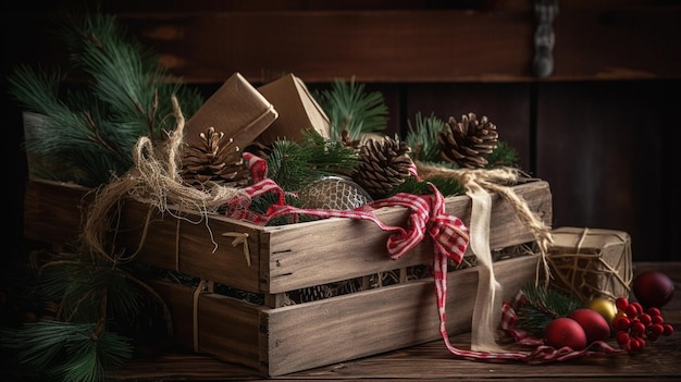Uma caixa de madeira com enfeites de natal e uma fita vermelha amarrada com um laço.