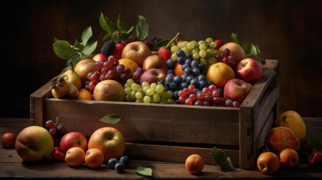 Foto uma caixa de madeira com frutas com a palavra fruta nela