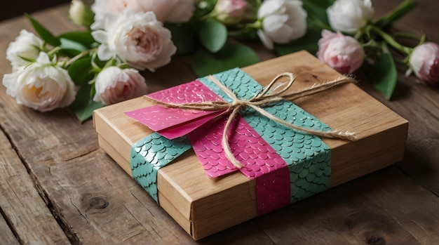 uma caixa de madeira com um presente embrulhado em fita verde e rosa