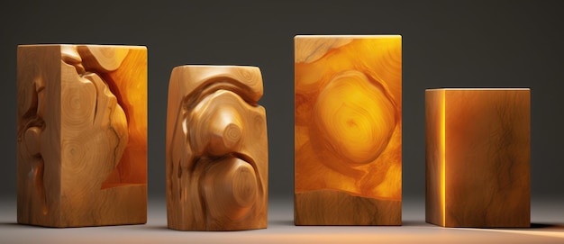 Uma caixa de madeira com um rosto esculpido fica ao lado de uma pequena escultura.