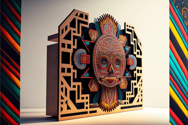 Uma caixa de madeira com uma máscara e um desenho sunburst na frente.