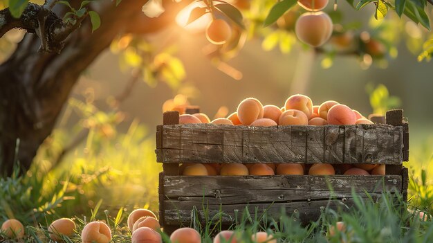 Foto uma caixa de madeira de maçãs que tem o sol brilhando sobre ela