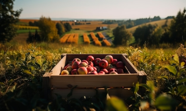 Uma caixa de madeira de pequenas maçãs de cor verde e vermelha Colheita colhida da fruta madura no pano de fundo da natureza IA generativa