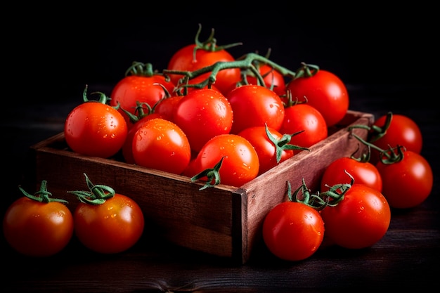 Uma caixa de madeira de tomates maduros vermelhos