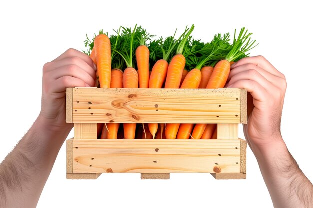 Uma caixa de mão de um homem com cenouras em um fundo branco ou transparente vendendo cenouras num mercado
