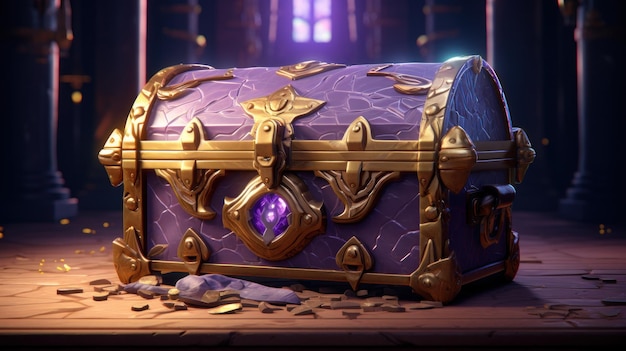 uma caixa de metal com um desenho dourado e azul sobre uma superfície de madeira