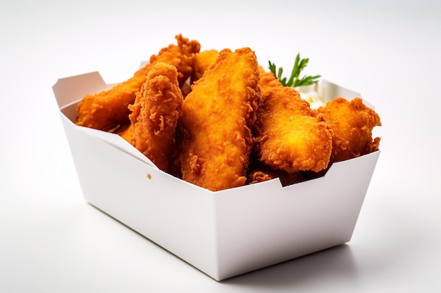 Uma caixa de nuggets de frango com maionese