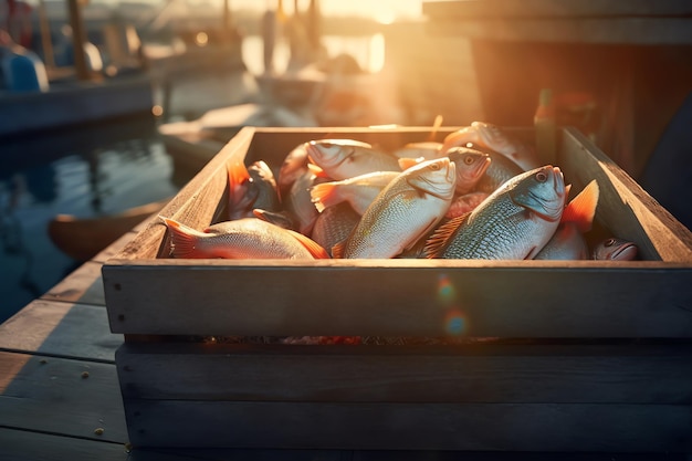 Uma caixa de peixe em uma doca com o sol se pondo atrás dela