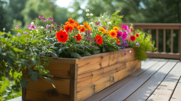 Uma caixa de plantar de madeira DIY cheia de flores vibrantes adicionando um pop de cor a um deck de cores neutras