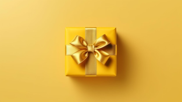 Uma caixa de presente amarela com um laço de ouro em um fundo amarelo Generative ai