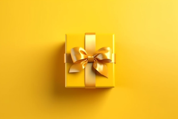 Uma caixa de presente amarela com um laço dourado e um laço dourado.
