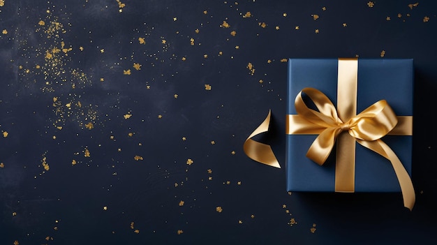 uma caixa de presente azul com fita dourada e um arco douradoVisão superior de uma caixa de presentes azul escuro em fundo escuro V