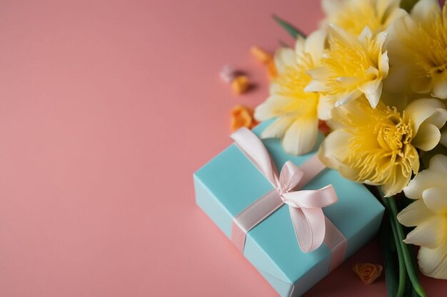 Uma caixa de presente azul com uma fita branca e um buquê de flores em um fundo rosa.