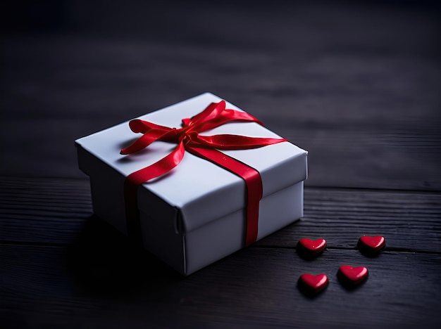 Uma caixa de presente branca com fita de laço vermelho e corações em fundo de madeira ai generative