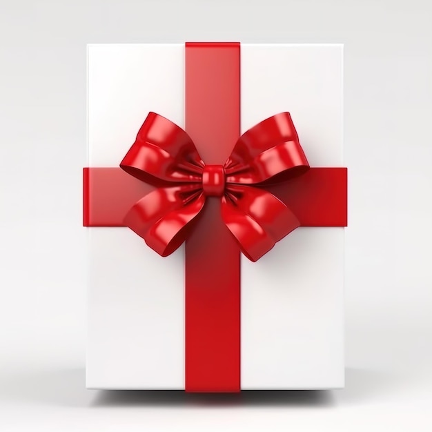 Uma caixa de presente branca com uma fita vermelha e um laço.