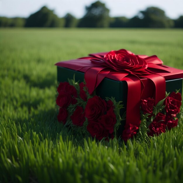 Foto uma caixa de presente coberta de flores vermelhas na grama