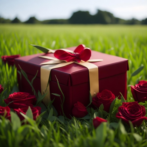 Uma caixa de presente com um laço em um jardim de grama e rosas