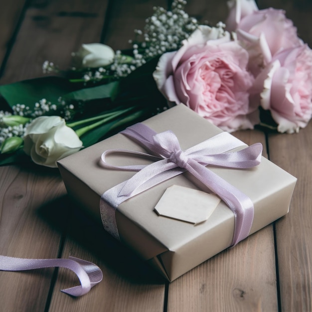 Uma caixa de presente com uma fita e flores em uma mesa de madeira.