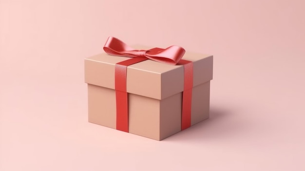 Uma caixa de presente com uma fita vermelha em um fundo rosa