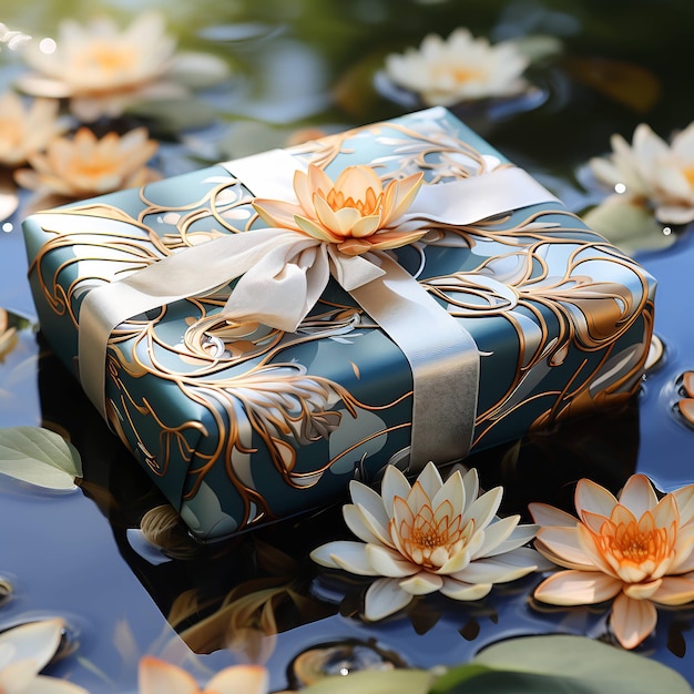 uma caixa de presente com uma flor fica em uma lagoa