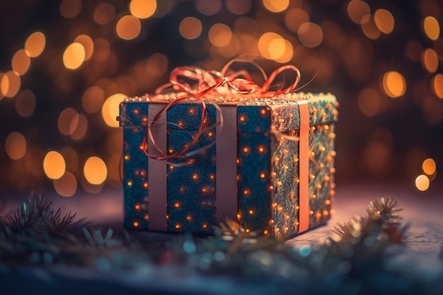 Uma caixa de presente de natal azul com luzes ao fundo