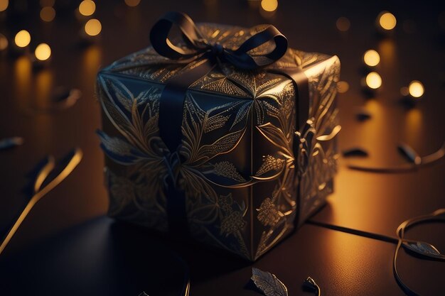 Foto uma caixa de presente dourada em um fundo escuro
