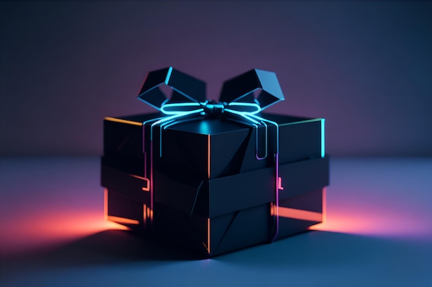 Uma caixa de presente em estilo cyberpunk em um fundo escuro