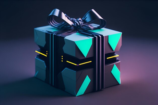 Uma caixa de presente em estilo cyberpunk em um fundo escuro