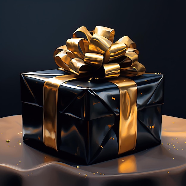 uma caixa de presente preta com fita de ouro no estilo do concurso de expressões energéticas renderizadas em maya
