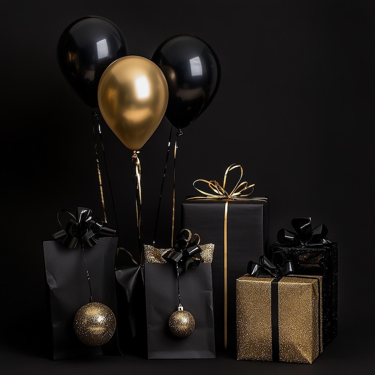 Foto uma caixa de presente preta e dourada com uma bola de ouro e uma bola de dourado e uma fita preta