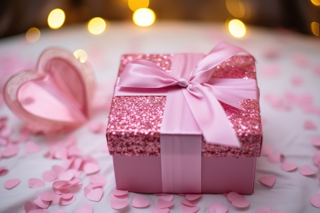 Uma caixa de presente rosa com um laço em uma mesa pronta para ser dada como um presente especial para várias ocasiões Uma caixa de presente rosa brilhante para o Dia dos Namorados AI Gerado